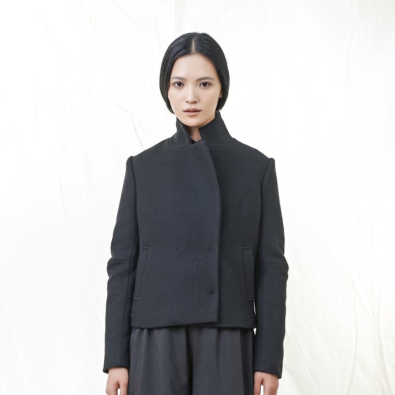 TRAN - short version of wool collar lapels - เสื้อแจ็คเก็ต - เส้นใยสังเคราะห์ สีดำ