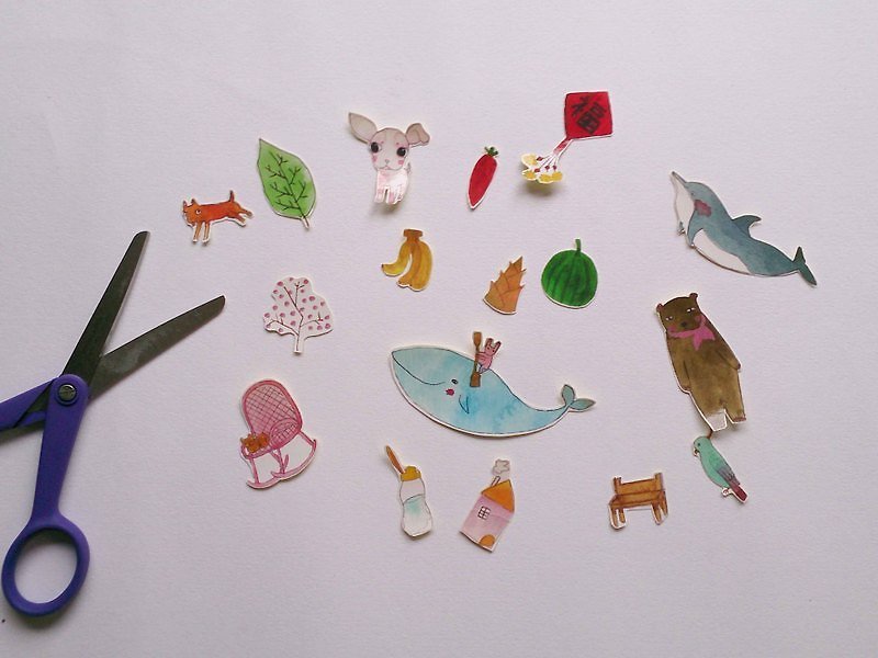 小精靈手繪貼紙-有大熊、鯨魚、狗狗還有舒服的公園長椅 - Stickers - Paper Green