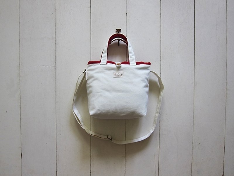 Macaron Series-Small Crossbody Backpack Wooden Buckle Opening Style + Fixed Adjustable Strap / White + Red - กระเป๋าแมสเซนเจอร์ - วัสดุอื่นๆ หลากหลายสี