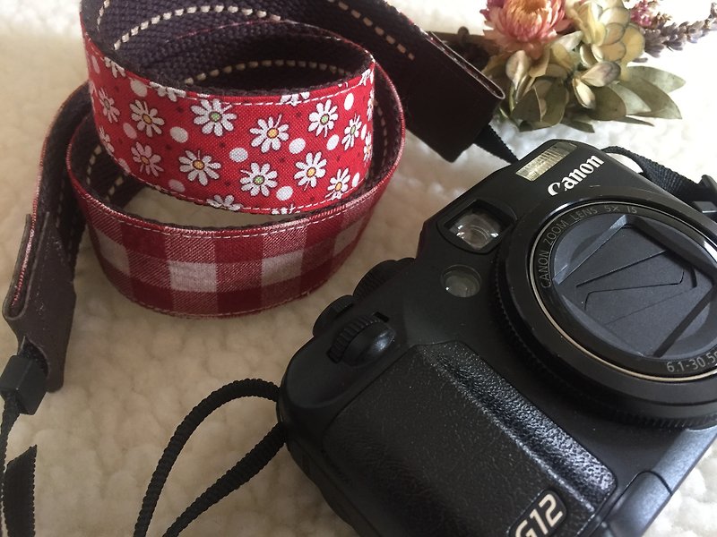 ﹝ Clare ﹞ cotton cloth hand-made red checkered x Floral camera strap - ID & Badge Holders - Other Materials Red