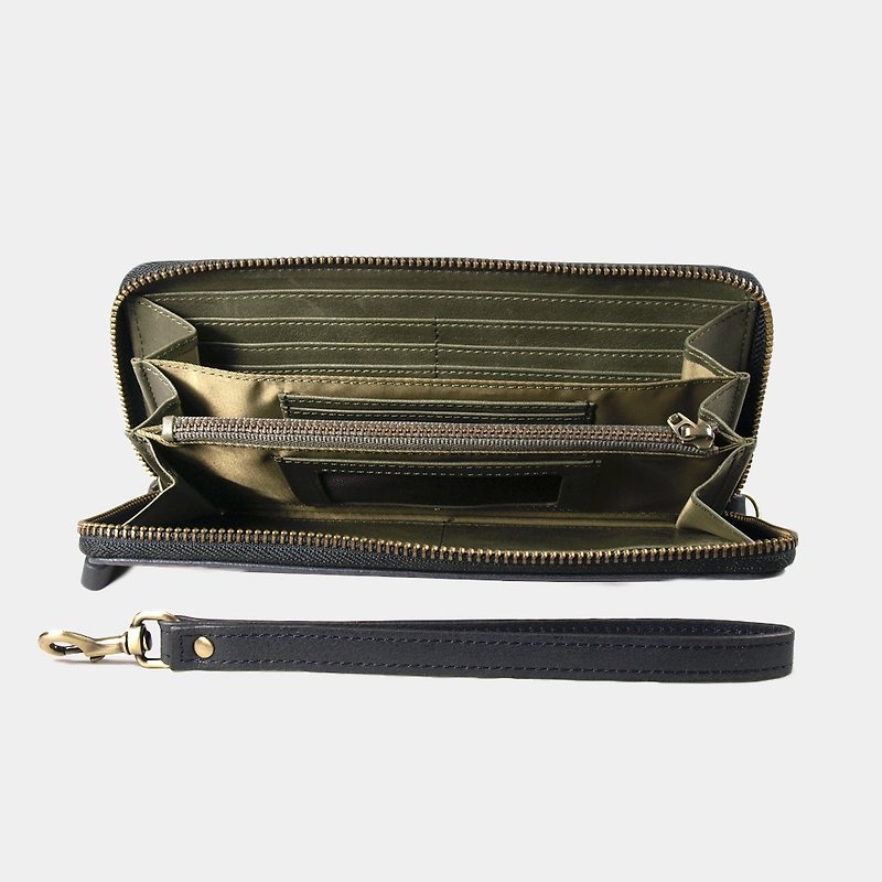 Montage Zip Leather Wallet with Wrist Strap - Blue Black / Green - กระเป๋าสตางค์ - หนังแท้ สีเขียว