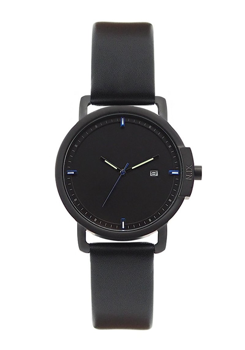 極簡大錶面黑底腕錶 - 配全黑錶帶 - 女錶 - 真皮 黑色