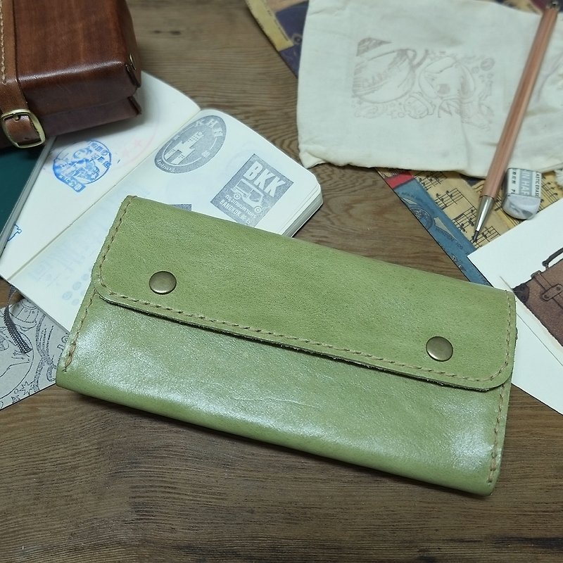 Lovey leather small things / summer grass-natural vegetable tanned leather Japanese hand-stitched leather long wallet - Wallets - Genuine Leather Green