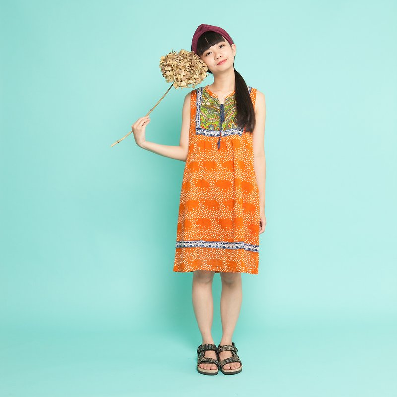 ❁saibaba ethnique // little elephant bell vest clothing (orange) ❁ - ชุดเดรส - ผ้าฝ้าย/ผ้าลินิน สีส้ม