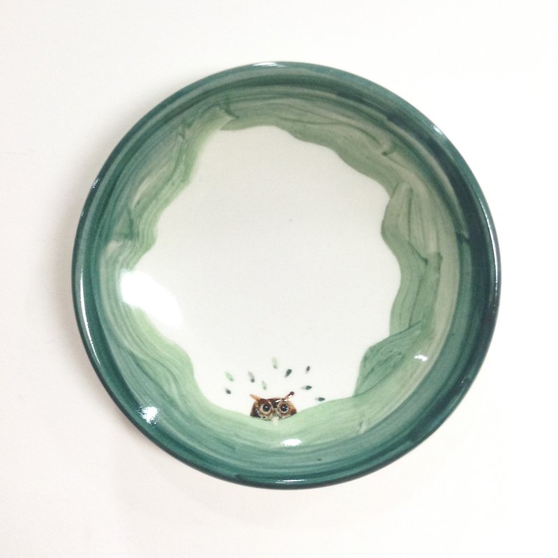 Horned Owl Peekaboo-Lanyu Hand-painted Small Dish - Small Plates & Saucers - Porcelain Green