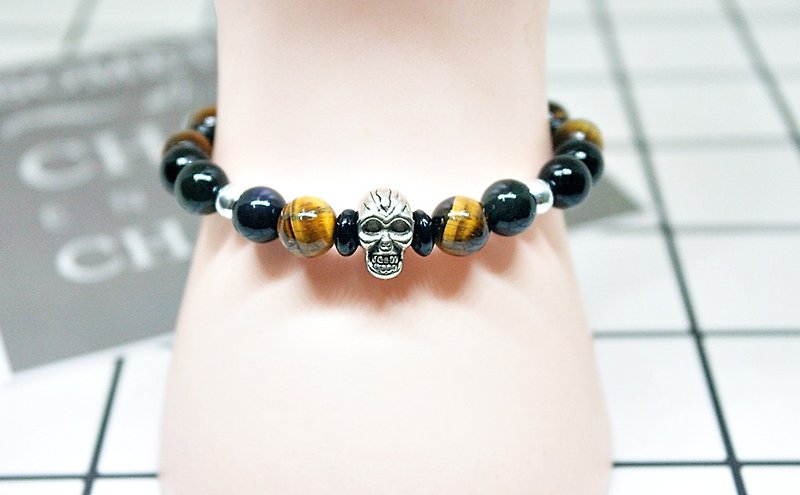 <Male x Unisex and Handsome Style Bracelet> Natural stone x alloy _ Skull Generation# Neutral-Limited*1- - Bracelets - Gemstone Brown
