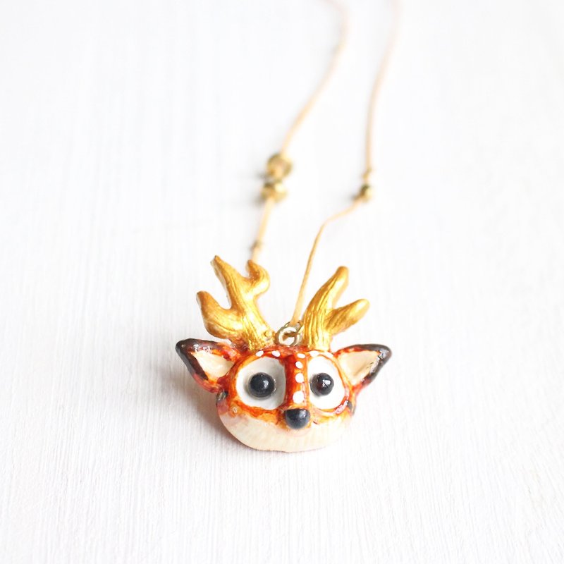 Golden Deer polymer clay handmade necklace - Necklaces - Pottery Gold