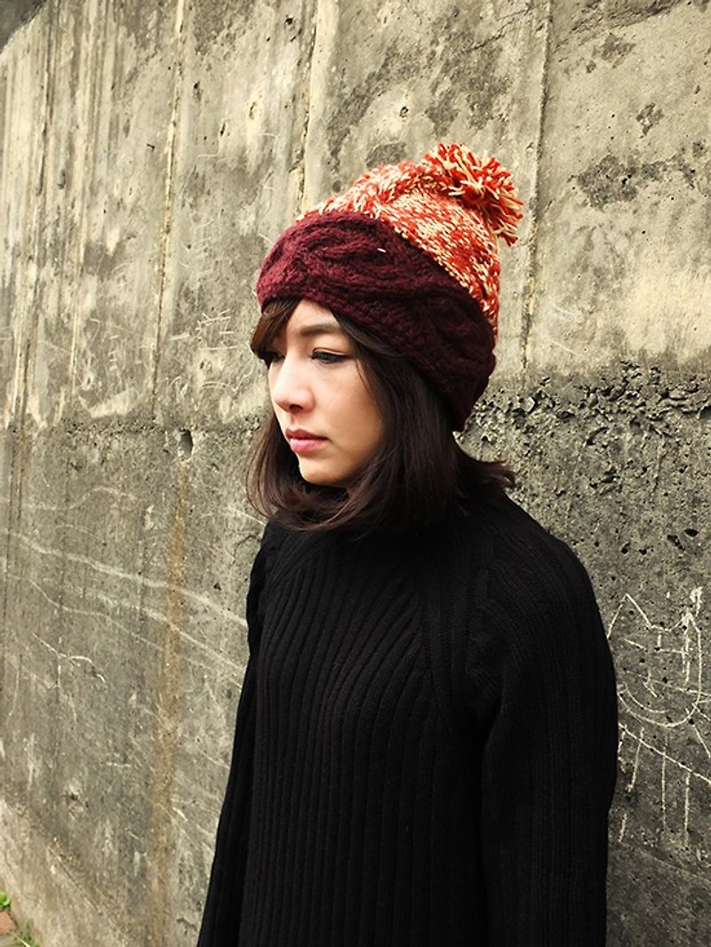 Handmade Hand Knit Wool Beanie Hat with Pompom - หมวก - ขนแกะ สีแดง