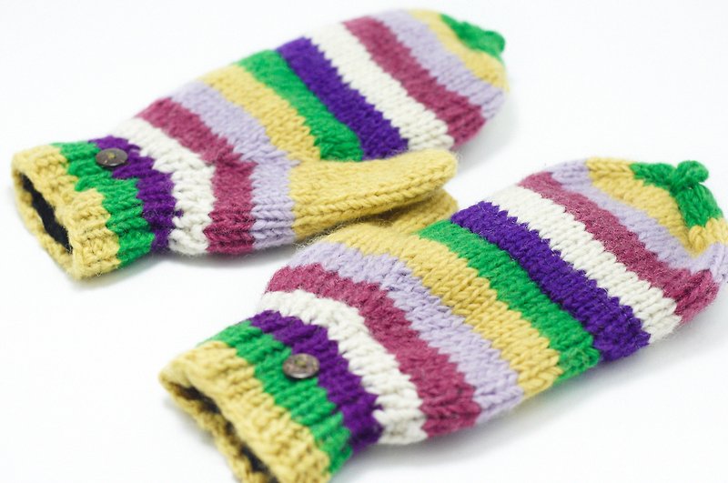 Valentine's Day Gift / Limited one hand-woven pure wool knitted gloves / Detachable gloves (made in nepal)-colorful stripes - Gloves & Mittens - Other Materials Multicolor