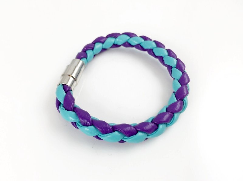 【紫色＆藍色 x 皮繩＆磁鐵扣環】 - 手鍊/手鐲 - 真皮 紫色