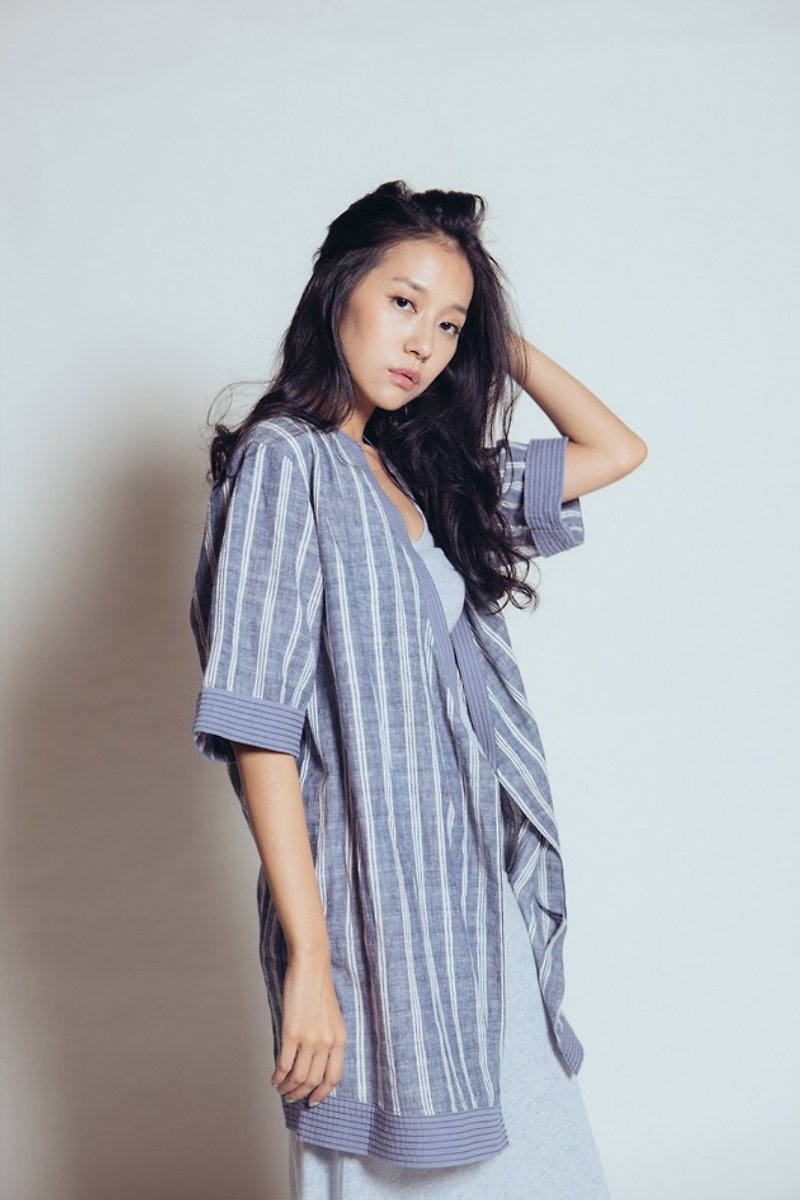 Pastoral music tying Blouse (blue stripe) - Women's Casual & Functional Jackets - Other Materials Blue