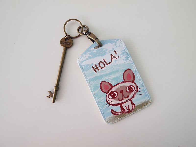 Multi-function card holder key ring-Hola! Little Cat - ID & Badge Holders - Genuine Leather 