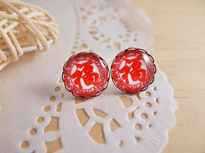 CCS ★ CA003 - "FU”, blessing earrings. The earring type can be choosed between stud, clip or steel post - Earrings & Clip-ons - Other Materials Red