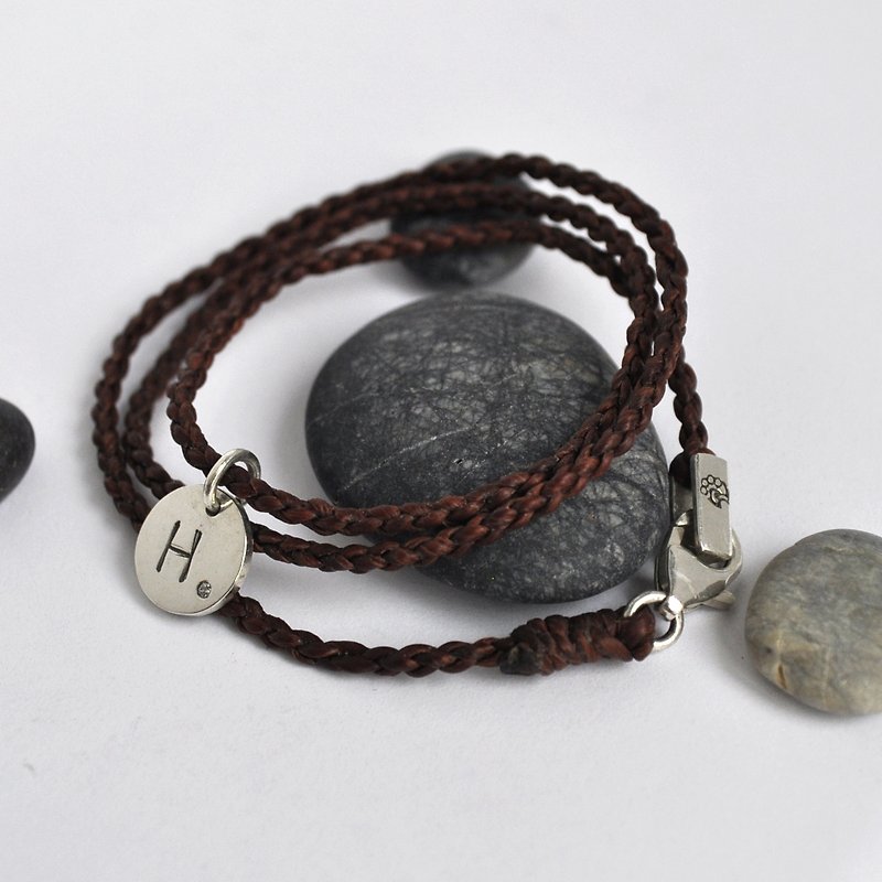 Customized round brand wax thread bracelet in sterling silver - สร้อยข้อมือ - เงินแท้ สีนำ้ตาล
