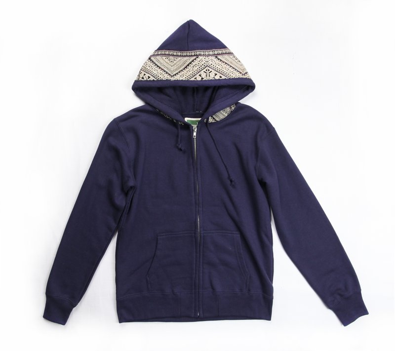 Original Remake Lu ethnic embroidery stitching Hoodie (Joe Green) - เสื้อฮู้ด - ผ้าฝ้าย/ผ้าลินิน สีน้ำเงิน