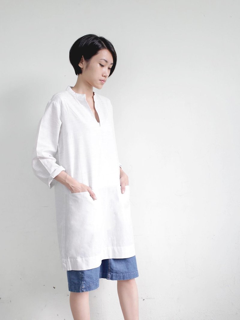Omake original silk cotton blended Sleeve V-neck dress (light gray) - One Piece Dresses - Thread White
