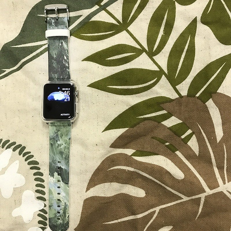 Apple Watch 真皮手錶帶,香港原創設計師品牌 - 綠色油彩圖紋 09 - 錶帶 - 真皮 