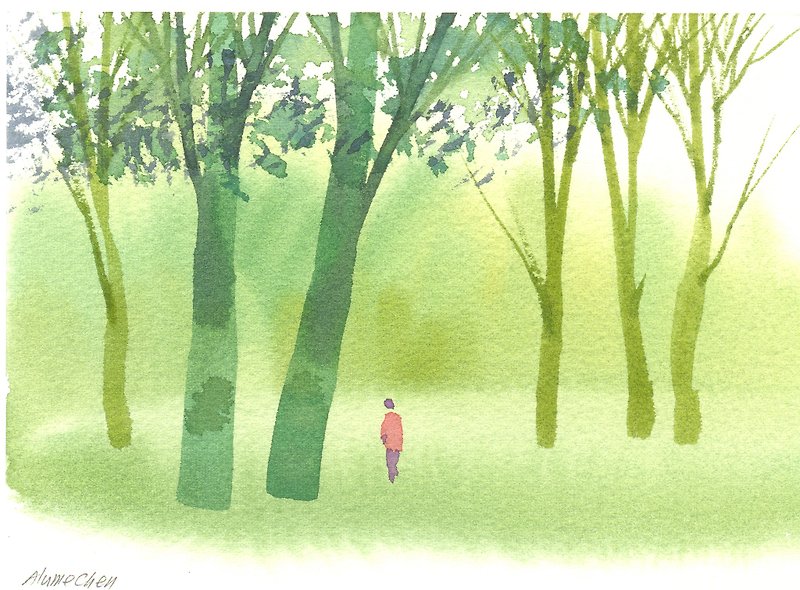 「療癒系樹林系列1-3」水彩手繪限量版明信片/賀卡 - カード・はがき - 紙 グリーン