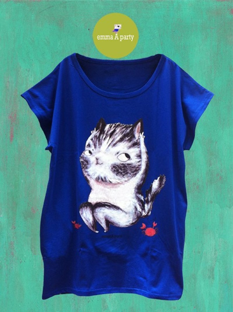 emmaAparty illustration Long T :: cat crab mochi - Women's T-Shirts - Cotton & Hemp Blue