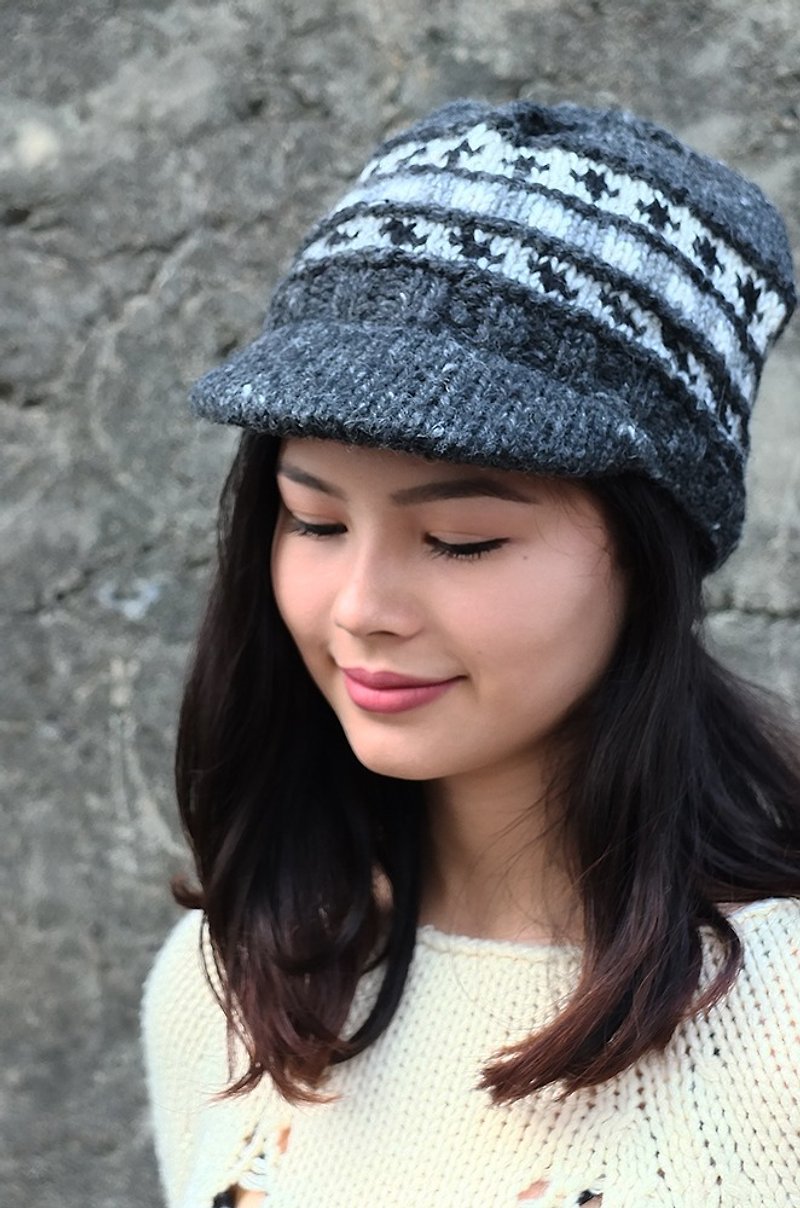 Handmade Hand Knit Wool Hat, Hand Knitted Wool Peak Hat Dark Grey - หมวก - ขนแกะ สีเทา