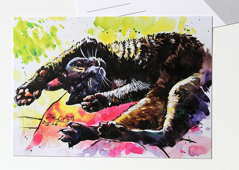 [Miaoxinpian] Watercolor hand-painted cat-tumbling mud-mouthed cat (leaflet purchase area) - การ์ด/โปสการ์ด - กระดาษ สีดำ