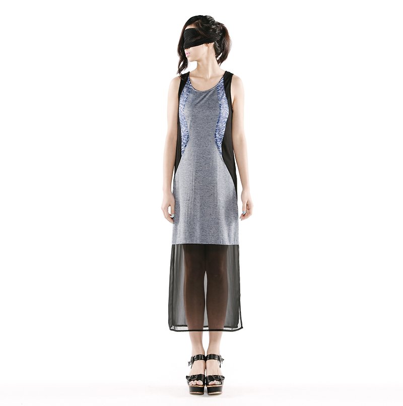 【Dress】拼接弧線長洋 < 藍/ 黑灰條 x 2色> - 洋裝/連身裙 - 其他材質 多色