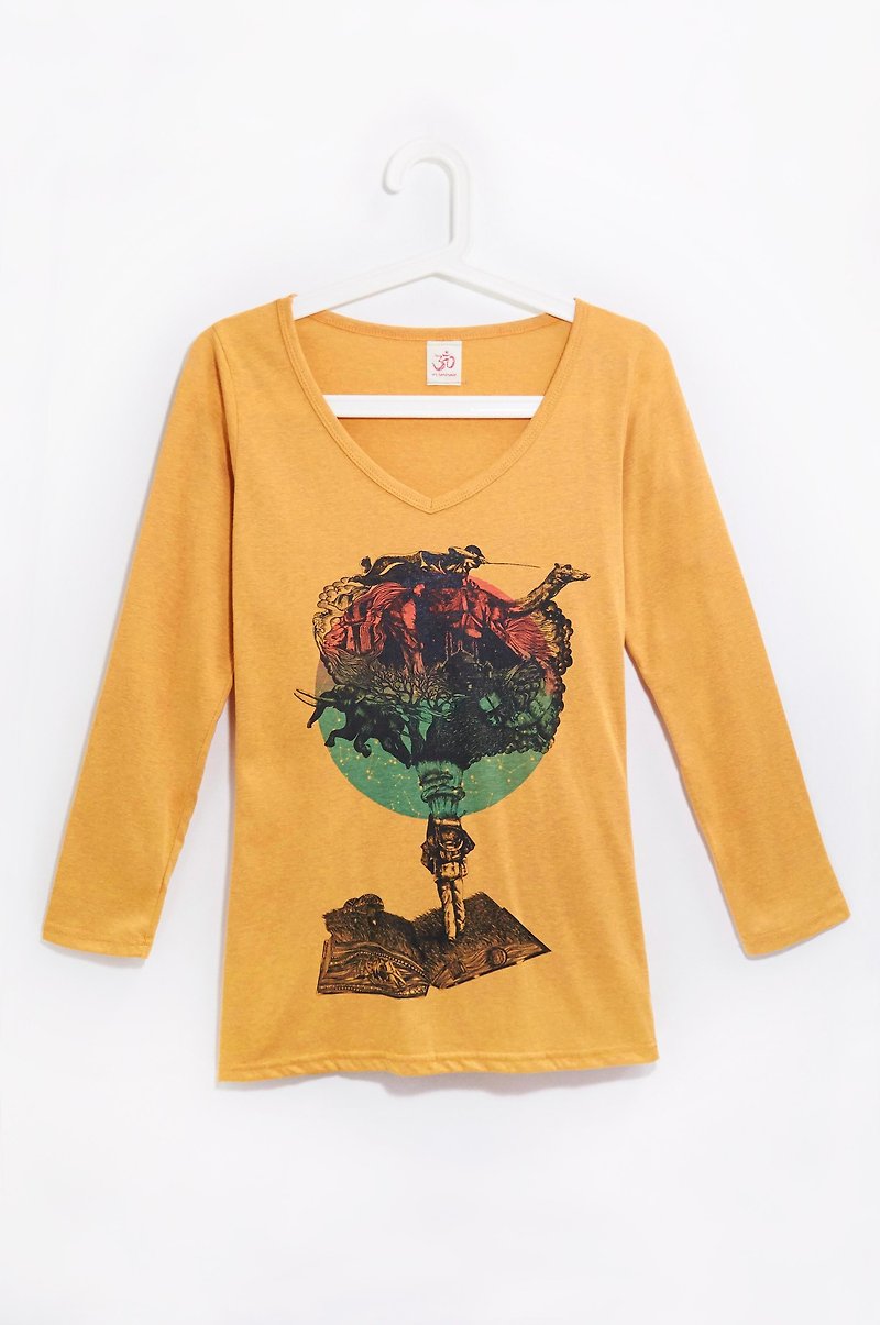 Feel cotton long-sleeved T-shirt / Travel T - Lonely Planet (blending yellow) - เสื้อผู้หญิง - ผ้าฝ้าย/ผ้าลินิน สีทอง