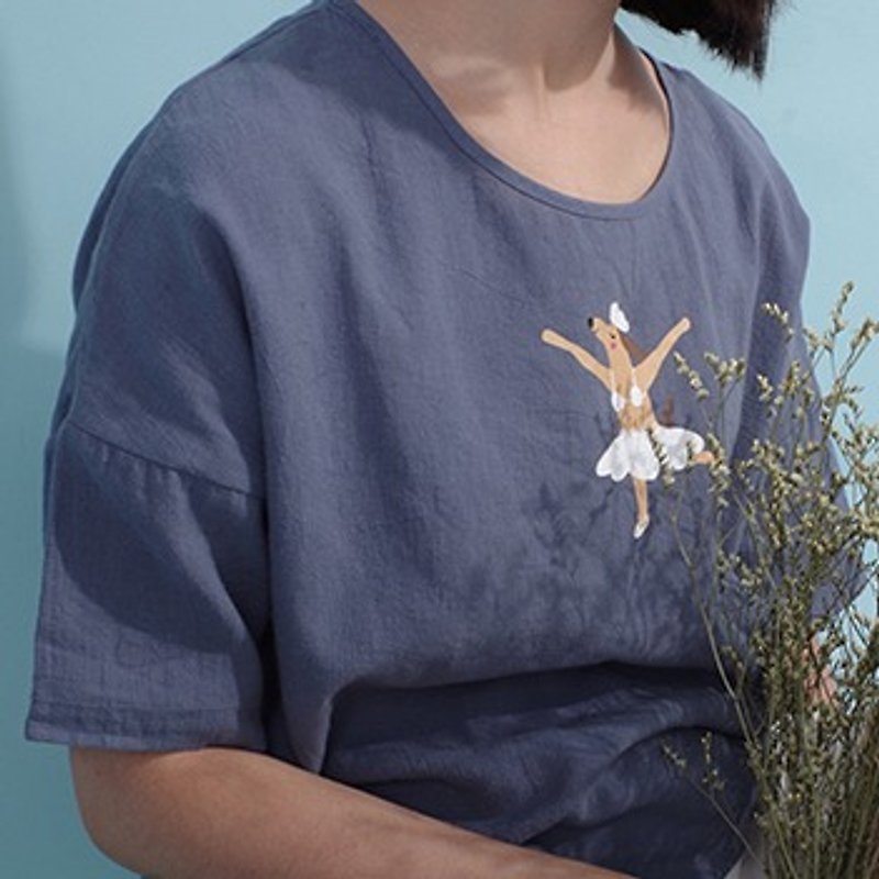 奇数メーカー "バレエ"小さな新鮮な漫画のプリントコットン緩い半袖Tシャツの女性フェルール - トップス - コットン・麻 ブルー