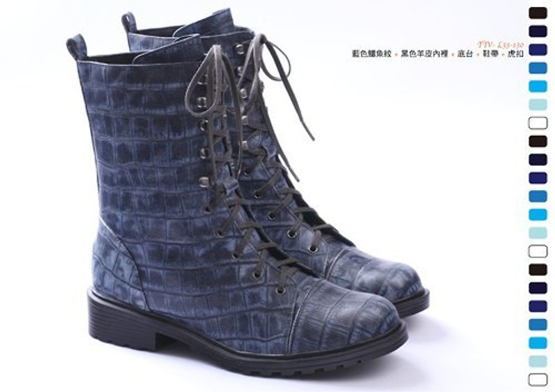 Handsome blue | straps Tall Boots - รองเท้าบูทสั้นผู้หญิง - หนังแท้ สีน้ำเงิน