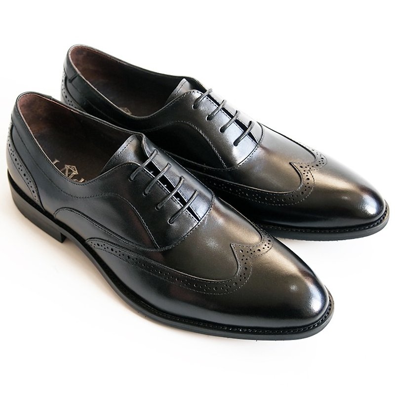 Hand-painted Calfskin Leather Wood Heel Wing Pattern Carved Oxford Shoes-Black-D1A28-99 - รองเท้าลำลองผู้ชาย - หนังแท้ สีดำ