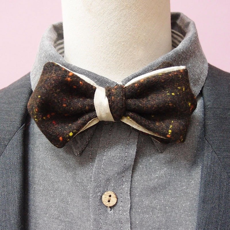 毛料咖啡彩色點與香檳金領結 Bow tie-雙面可用*情人節 - 領結/領巾 - 其他材質 咖啡色