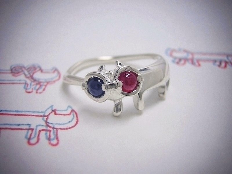 miaow with 3D spectacles on ( cat sapphire ruby sterling silver ring 猫 蓝宝石 红宝石 ) - リング - スターリングシルバー シルバー