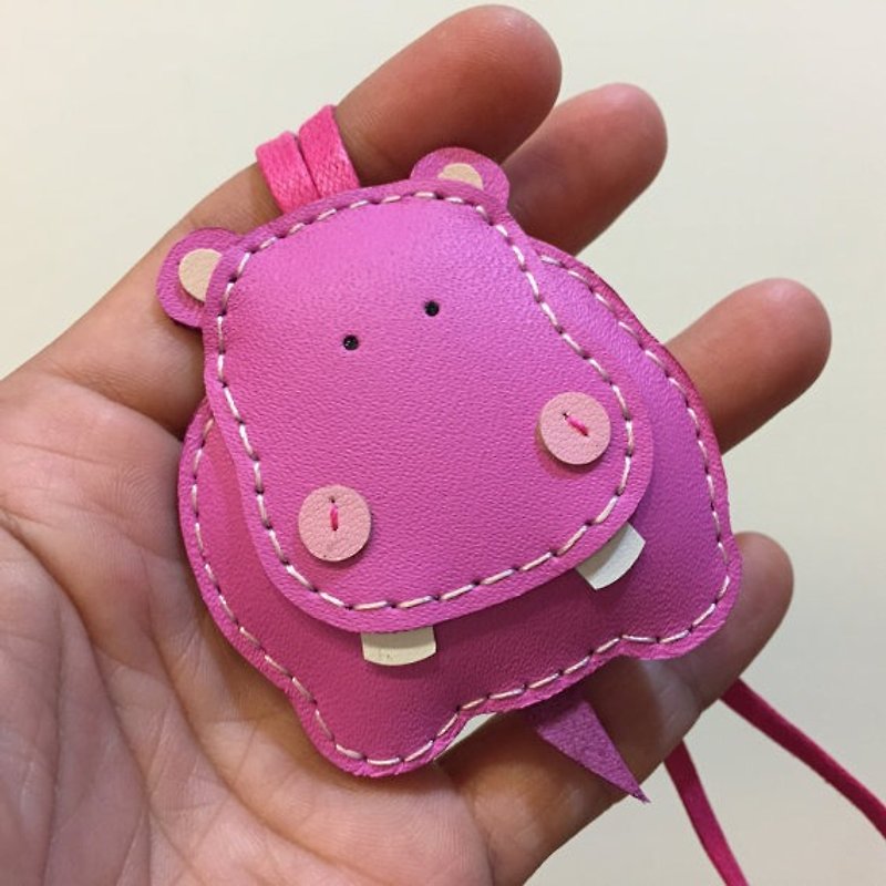 Healing small things brown cute hippo hand-stitched leather charm small size - Charms - Genuine Leather Pink