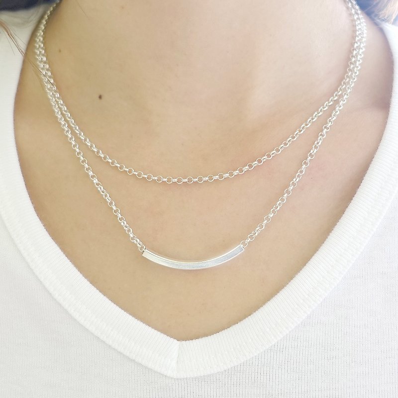 DOUBLE JOY - Double Silver Chain Necklace Square Tube Bead - Necklaces - Other Materials Silver
