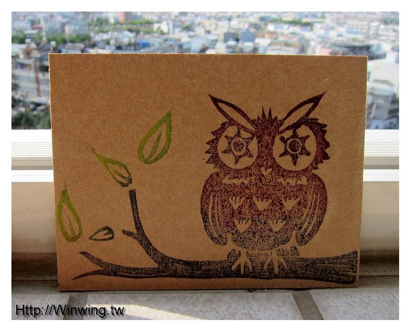 Dark Night Owl-Hand Engraved Stamp Kraft Paper Postcard - การ์ด/โปสการ์ด - กระดาษ 