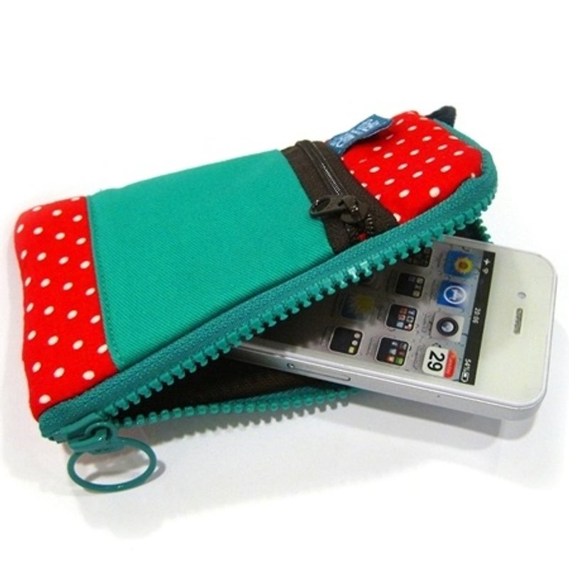 携帯電話ポケット (赤水玉) - スマホケース - コットン・麻 レッド