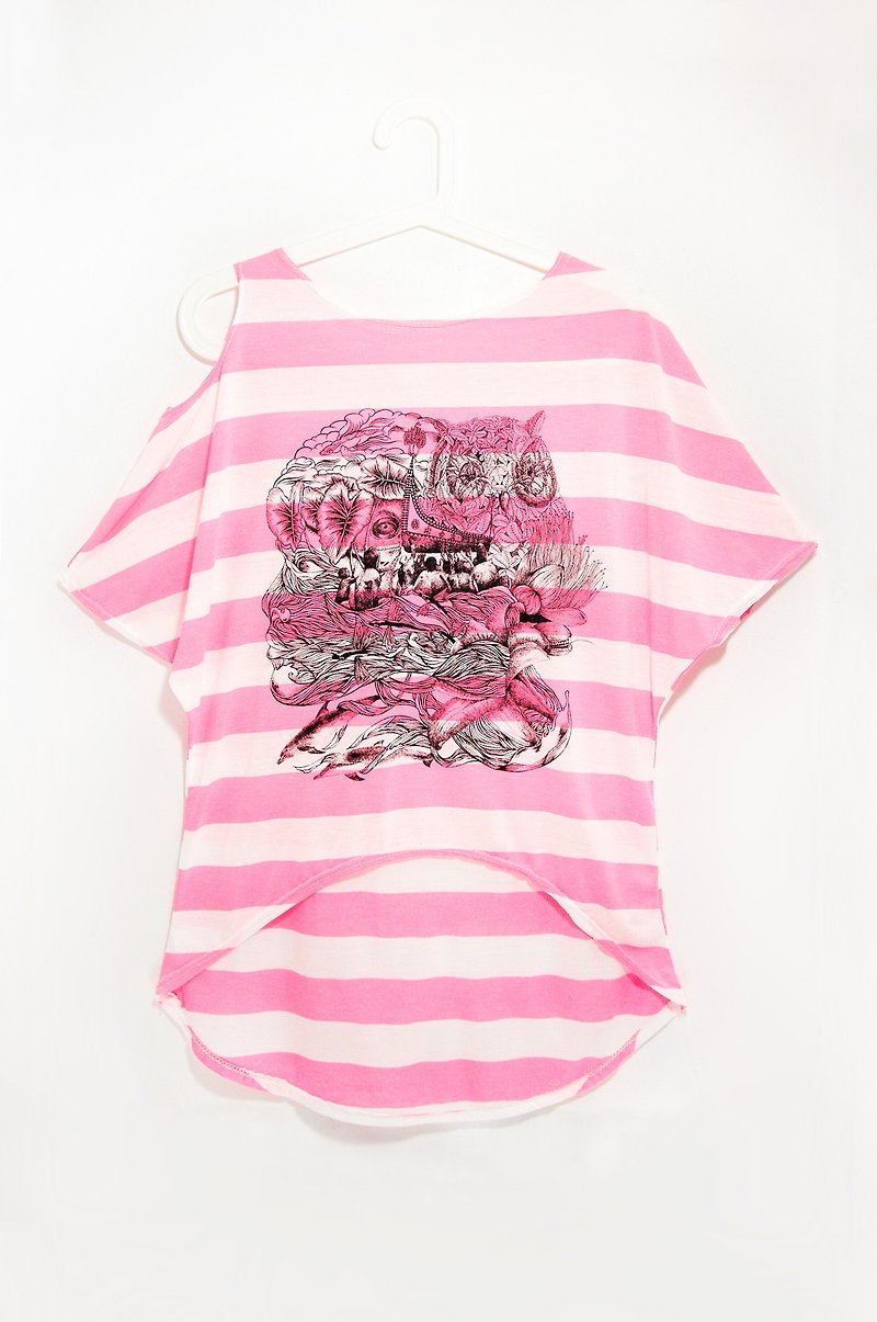 Women feel unilateral strapless striped travel T / T-shirt - to Lanyu, travel (phosphor)! - Women's Tops - Cotton & Hemp Pink