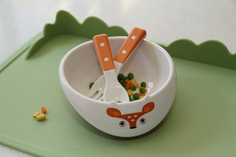美國MyNatural Eco無毒兒童餐具-禮盒組鮮橙橘小鹿餐碗匙叉 - 兒童餐具/餐盤 - 塑膠 橘色