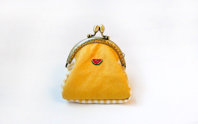 [Exchange gifts] 100% PURE Fruits embroidery stripe mouth gold package / watermelon - กระเป๋าใส่เหรียญ - งานปัก สีเหลือง