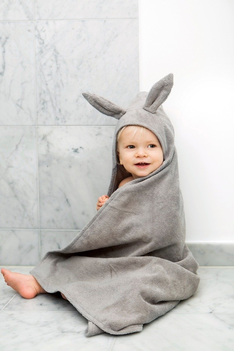 【瑞典ELODIE DETAILS】BABY連帽浴巾 - Marble Grey 兔寶寶 - 毛巾浴巾 - 棉．麻 灰色