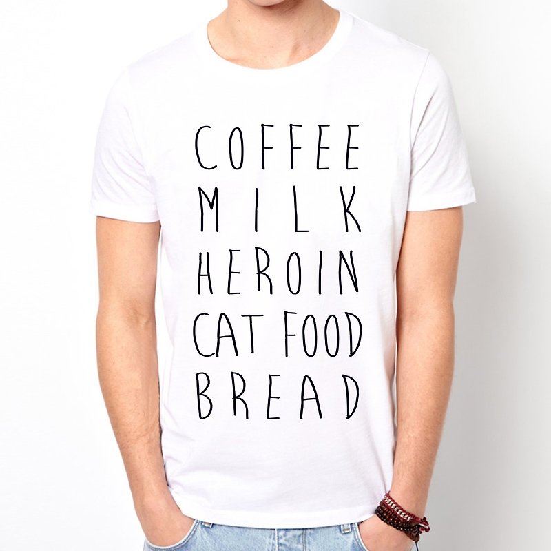 COFFEE MILK HEROIN CAT FOOD BREAD短袖T恤-2色 咖啡 牛奶 海洛因 貓 食物 麵包 文青 設計 字 時尚 - เสื้อยืดผู้ชาย - วัสดุอื่นๆ หลากหลายสี