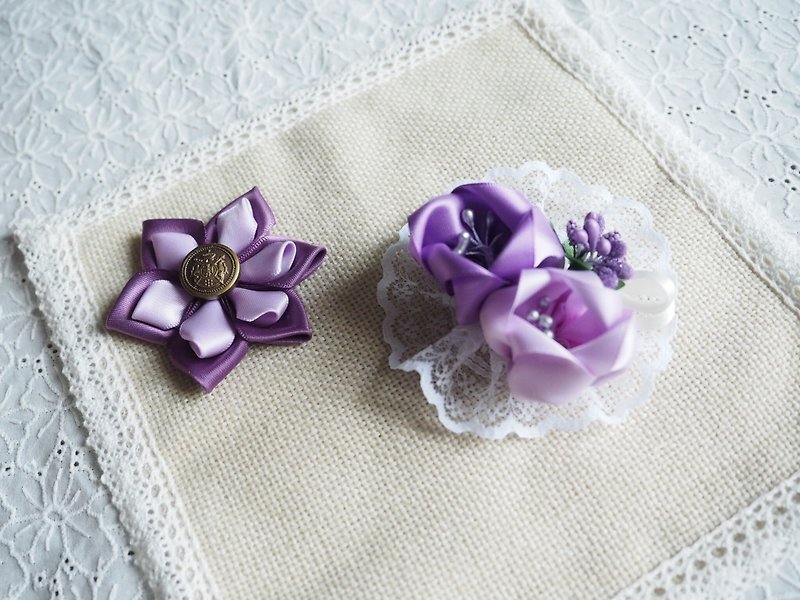 手工製作布藝頭飾 結婚婚禮手腕花胸花襟花  紫色絲帶玫瑰套裝 - 胸花/手腕花 - 其他材質 紫色
