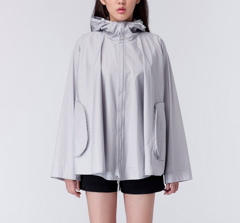 【特賣】草間彌生的小南瓜  連帽上蠟斗篷風衣 淺灰 / 黑 - 女大衣/外套 - 棉．麻 灰色