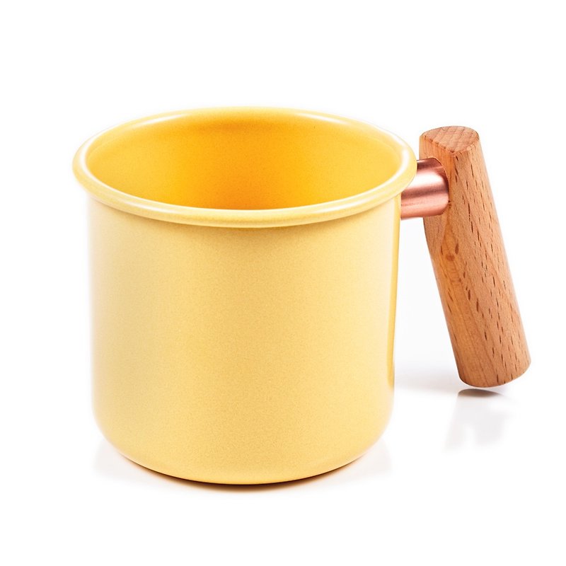Enamel cup with wooden handle 400ml (cream yellow) Mother's Day gift - Teapots & Teacups - Enamel Yellow