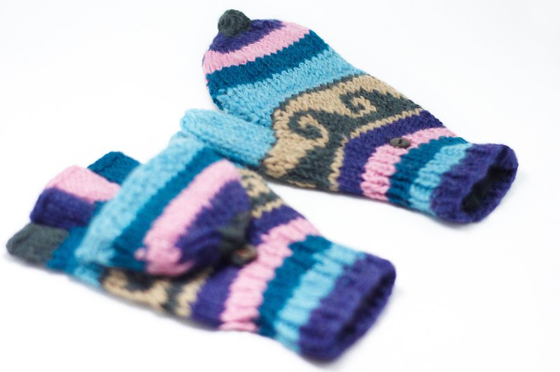情人節禮物 限量一件手織純羊毛針織手套 / 可拆卸手套 / 內刷毛手套 / 保暖手套 - 藍色系民族圖騰 - 手套/手襪 - 其他材質 多色