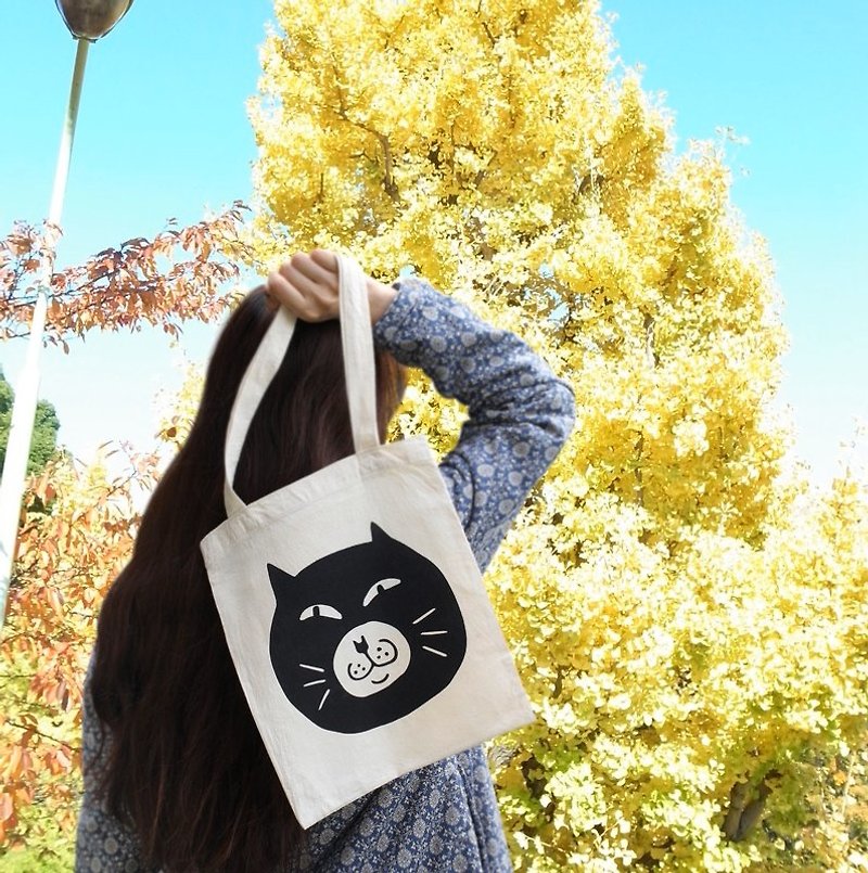 Big cat bag / masked cat - กระเป๋าแมสเซนเจอร์ - ผ้าฝ้าย/ผ้าลินิน ขาว