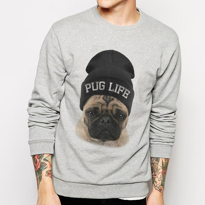 PUG LIFE University bristles US cotton T- Grey Pug pug dog canine animal Wen Qing art design fashion fashionable word - เสื้อยืดผู้ชาย - วัสดุอื่นๆ สีเทา