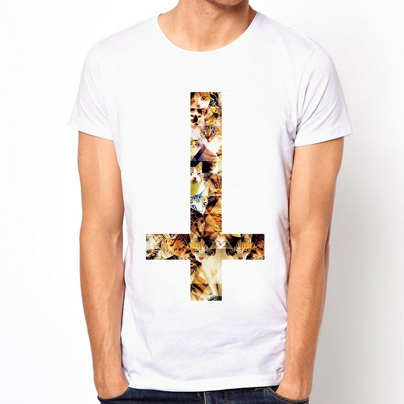 倒立クロスCAT＃2半袖Tシャツ - 白反転クロス猫の写真宗教のデザインアート風刺 - Tシャツ - その他の素材 ホワイト