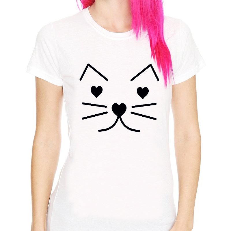 ハート猫半袖Tシャツ-2色愛猫温清アートデザインファッショナブルなファッション動物 - Tシャツ - その他の素材 多色