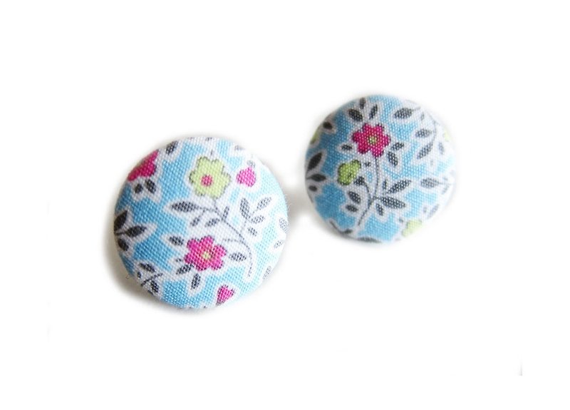Cloth button blue flower earrings clip-on earrings can do - Earrings & Clip-ons - Other Materials Pink